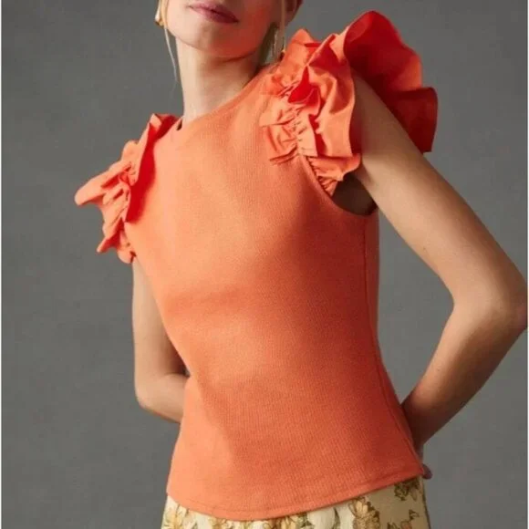 Anthropologie Ribbed Top Size Medium Ruffle Short Cap Sleeve Round Neck Blouse - Picture 1 of 12